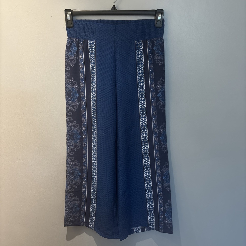 Vintage Cache Blue Wide Leg Boho Pants‎ Women's Sz 6 Elastic Waist Ankle Beach